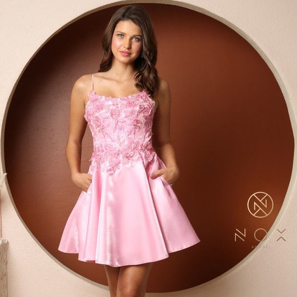 NEW CANDY PINK STAIN DRESS MINI OFF THE SHOULDER EMBROIDERED DRESS NX T733 - Picture 1 of 8